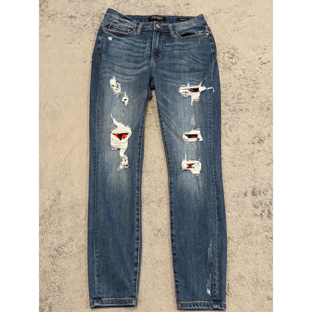 Judy Blue Jeans Womens 7/28 Skinny Mid Rise Denim Distressed Plaid JB88134